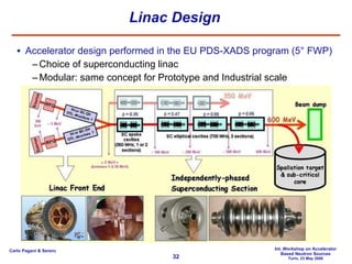 Linac Design Accelerator design performed in the EU PDS-XADS program (5° FWP) Choice of superconducting linac Modular: same concept for Prototype and Industrial scale 