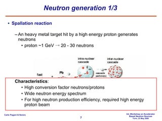 Neutron generation 1/3 Spallation reaction An heavy metal target hit by a high energy proton generates neutrons proton ~1 GeV  ->  20 - 30 neutrons Characteristics : High conversion factor neutrons/protons Wide neutron energy spectrum For high neutron production efficiency, required high energy proton beam 