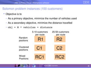 IBM Software Group | Lotus software
IBM Software Group | WebSphere software
68
© 2010 IBM Corporation
Solomon problem instances (100 customers)
 Objective is to
– As a primary objective, minimize the number of vehicles used
– As a secondary objective, minimize the distance travelled
– obj = M * vehicles + distance
 R1
 C1
 R2
 C2
RC1 RC2
5­10 customers
per route
25­50 customers
per route
Random
positions
Clustered
positions
Mixed
Positions
 