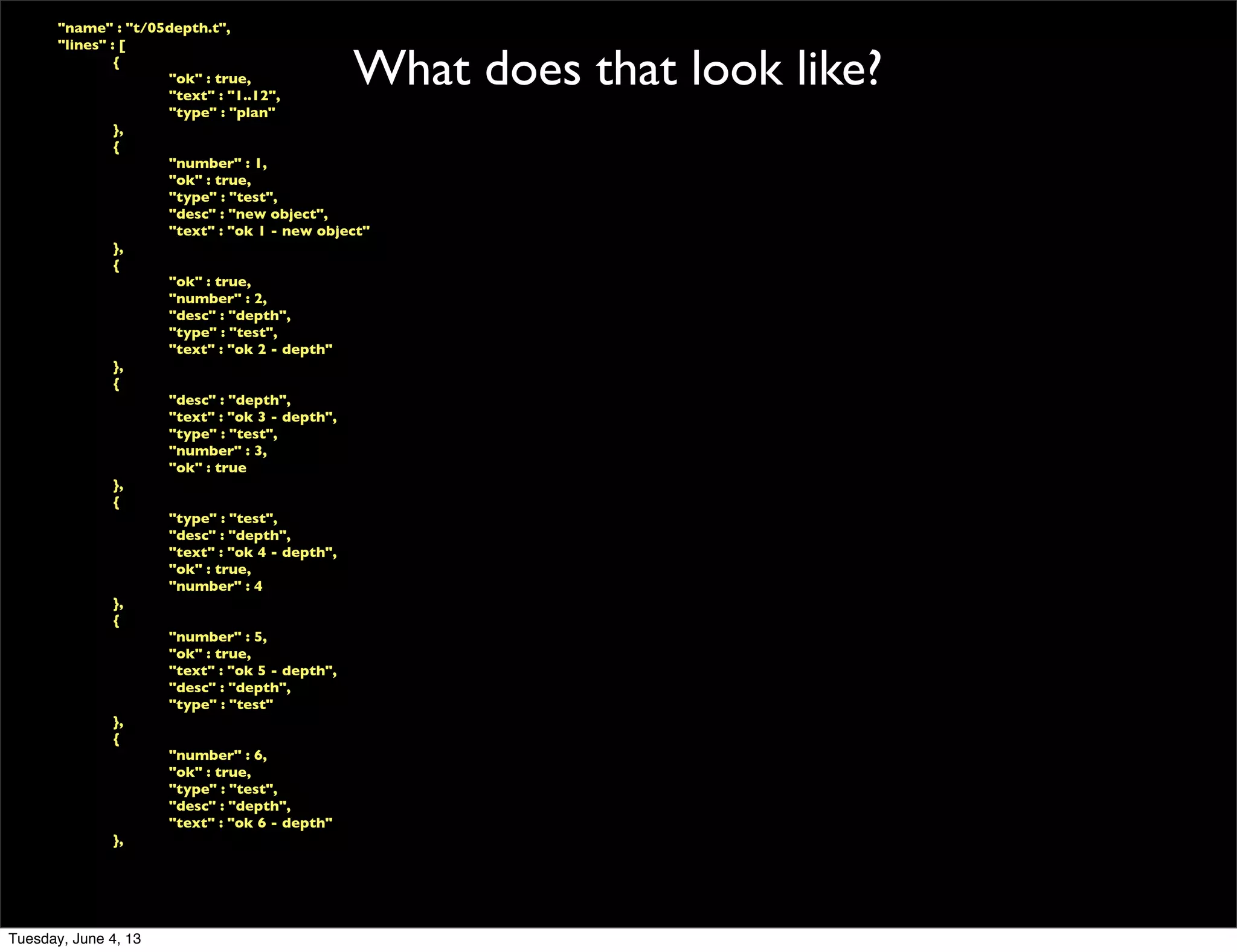 What does that look like?
	

 "name" : "t/05depth.t",
	

 "lines" : [
	

 	

 {
	

 	

 	

 "ok" : true,
	

 	

 	

 "text" : "1..12",
	

 	

 	

 "type" : "plan"
	

 	

 },
	

 	

 {
	

 	

 	

 "number" : 1,
	

 	

 	

 "ok" : true,
	

 	

 	

 "type" : "test",
	

 	

 	

 "desc" : "new object",
	

 	

 	

 "text" : "ok 1 - new object"
	

 	

 },
	

 	

 {
	

 	

 	

 "ok" : true,
	

 	

 	

 "number" : 2,
	

 	

 	

 "desc" : "depth",
	

 	

 	

 "type" : "test",
	

 	

 	

 "text" : "ok 2 - depth"
	

 	

 },
	

 	

 {
	

 	

 	

 "desc" : "depth",
	

 	

 	

 "text" : "ok 3 - depth",
	

 	

 	

 "type" : "test",
	

 	

 	

 "number" : 3,
	

 	

 	

 "ok" : true
	

 	

 },
	

 	

 {
	

 	

 	

 "type" : "test",
	

 	

 	

 "desc" : "depth",
	

 	

 	

 "text" : "ok 4 - depth",
	

 	

 	

 "ok" : true,
	

 	

 	

 "number" : 4
	

 	

 },
	

 	

 {
	

 	

 	

 "number" : 5,
	

 	

 	

 "ok" : true,
	

 	

 	

 "text" : "ok 5 - depth",
	

 	

 	

 "desc" : "depth",
	

 	

 	

 "type" : "test"
	

 	

 },
	

 	

 {
	

 	

 	

 "number" : 6,
	

 	

 	

 "ok" : true,
	

 	

 	

 "type" : "test",
	

 	

 	

 "desc" : "depth",
	

 	

 	

 "text" : "ok 6 - depth"
	

 	

 },
Tuesday, June 4, 13
 