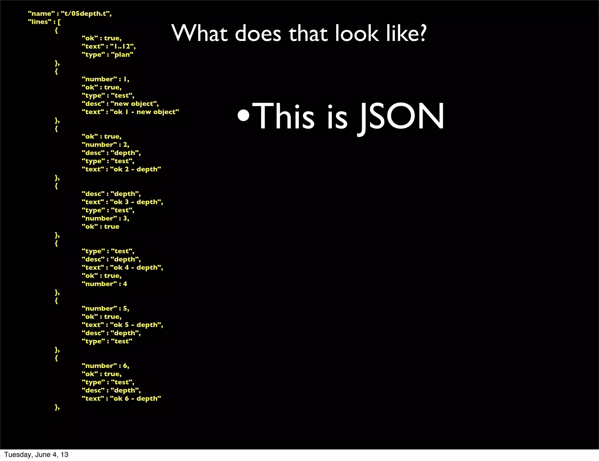 What does that look like?
	

 "name" : "t/05depth.t",
	

 "lines" : [
	

 	

 {
	

 	

 	

 "ok" : true,
	

 	

 	

 "text" : "1..12",
	

 	

 	

 "type" : "plan"
	

 	

 },
	

 	

 {
	

 	

 	

 "number" : 1,
	

 	

 	

 "ok" : true,
	

 	

 	

 "type" : "test",
	

 	

 	

 "desc" : "new object",
	

 	

 	

 "text" : "ok 1 - new object"
	

 	

 },
	

 	

 {
	

 	

 	

 "ok" : true,
	

 	

 	

 "number" : 2,
	

 	

 	

 "desc" : "depth",
	

 	

 	

 "type" : "test",
	

 	

 	

 "text" : "ok 2 - depth"
	

 	

 },
	

 	

 {
	

 	

 	

 "desc" : "depth",
	

 	

 	

 "text" : "ok 3 - depth",
	

 	

 	

 "type" : "test",
	

 	

 	

 "number" : 3,
	

 	

 	

 "ok" : true
	

 	

 },
	

 	

 {
	

 	

 	

 "type" : "test",
	

 	

 	

 "desc" : "depth",
	

 	

 	

 "text" : "ok 4 - depth",
	

 	

 	

 "ok" : true,
	

 	

 	

 "number" : 4
	

 	

 },
	

 	

 {
	

 	

 	

 "number" : 5,
	

 	

 	

 "ok" : true,
	

 	

 	

 "text" : "ok 5 - depth",
	

 	

 	

 "desc" : "depth",
	

 	

 	

 "type" : "test"
	

 	

 },
	

 	

 {
	

 	

 	

 "number" : 6,
	

 	

 	

 "ok" : true,
	

 	

 	

 "type" : "test",
	

 	

 	

 "desc" : "depth",
	

 	

 	

 "text" : "ok 6 - depth"
	

 	

 },
•This is JSON
Tuesday, June 4, 13
 