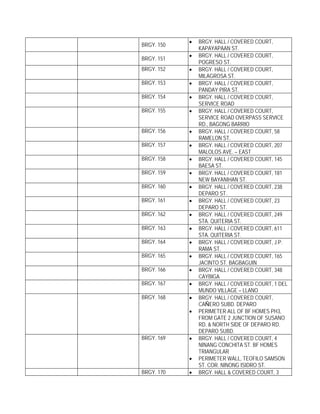 •   BRGY. HALL / COVERED COURT,
BRGY. 150
                KAPAYAPAAN ST.
            •   BRGY. HALL / COVERED COURT,
BRGY. 151
                POGRESO ST.
BRGY. 152   •   BRGY. HALL / COVERED COURT,
                MILAGROSA ST.
BRGY. 153   •   BRGY. HALL / COVERED COURT,
                PANDAY PIRA ST.
BRGY. 154   •   BRGY. HALL / COVERED COURT,
                SERVICE ROAD
BRGY. 155   •   BRGY. HALL / COVERED COURT,
                SERVICE ROAD OVERPASS SERVICE
                RD., BAGONG BARRIO
BRGY. 156   •   BRGY. HALL / COVERED COURT, 58
                RAMELON ST.
BRGY. 157   •   BRGY. HALL / COVERED COURT, 207
                MALOLOS AVE. – EAST
BRGY. 158   •   BRGY. HALL / COVERED COURT, 145
                BAESA ST.
BRGY. 159   •   BRGY. HALL / COVERED COURT, 181
                NEW BAYANIHAN ST.
BRGY. 160   •   BRGY. HALL / COVERED COURT, 238
                DEPARO ST.
BRGY. 161   •   BRGY. HALL / COVERED COURT, 23
                DEPARO ST.
BRGY. 162   •   BRGY. HALL / COVERED COURT, 249
                STA. QUITERIA ST.
BRGY. 163   •   BRGY. HALL / COVERED COURT, 611
                STA. QUITERIA ST.
BRGY. 164   •   BRGY. HALL / COVERED COURT, J.P.
                RAMA ST.
BRGY. 165   •   BRGY. HALL / COVERED COURT, 165
                JACINTO ST. BAGBAGUIN
BRGY. 166   •   BRGY. HALL / COVERED COURT, 348
                CAYBIGA
BRGY. 167   •   BRGY. HALL / COVERED COURT, 1 DEL
                MUNDO VILLAGE – LLANO
BRGY. 168   •   BRGY. HALL / COVERED COURT,
                CAÑERO SUBD. DEPARO
            •   PERIMETER ALL OF BF HOMES PH3,
                FROM GATE 2 JUNCTION OF SUSANO
                RD. & NORTH SIDE OF DEPARO RD.
                DEPARO SUBD.
BRGY. 169   •   BRGY. HALL / COVERED COURT, 4
                NINANG CONCHITA ST. BF HOMES
                TRIANGULAR
            •   PERIMETER WALL, TEOFILO SAMSON
                ST. COR. NINONG ISIDRO ST.
BRGY. 170   •   BRGY. HALL & COVERED COURT, 3
 