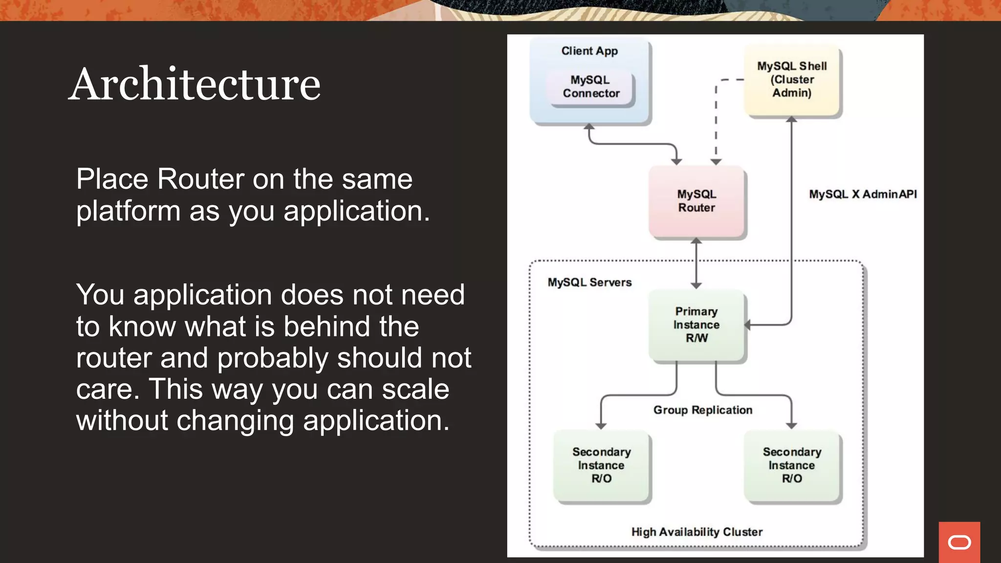 Architecture
Place Router on the same
platform as you application.
You application does not need
to know what is behind the
router and probably should not
care. This way you can scale
without changing application.
 