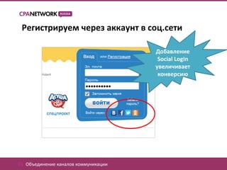 Регистрируем через аккаунт в соц.сети

                                       Добавление
                                        Social LogIn
                                       увеличивает
                                        конверсию




01. Объединение каналов коммуникации
 