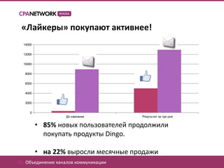 «Лайкеры» покупают активнее!
  14000


  12000


  10000


  8000


  6000


  4000


  2000


     0
                   До кампании         Результат за три дня


          • 85% новых пользователей продолжили
            покупать продукты Dingo.

          • на 22% выросли месячные продажи
01. Объединение каналов коммуникации
 