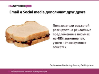 Email и Social media дополняют друг друга


                                         Пользователи соц.сетей
                                         реагируют на рекламные
                                         предложения в письмах
                                         на 48% активнее тех,
                                         у кого нет аккаунтов в
                                         соцсетях




                                       По данным MarketingSherpa, GetResponse

01. Объединение каналов коммуникации
 