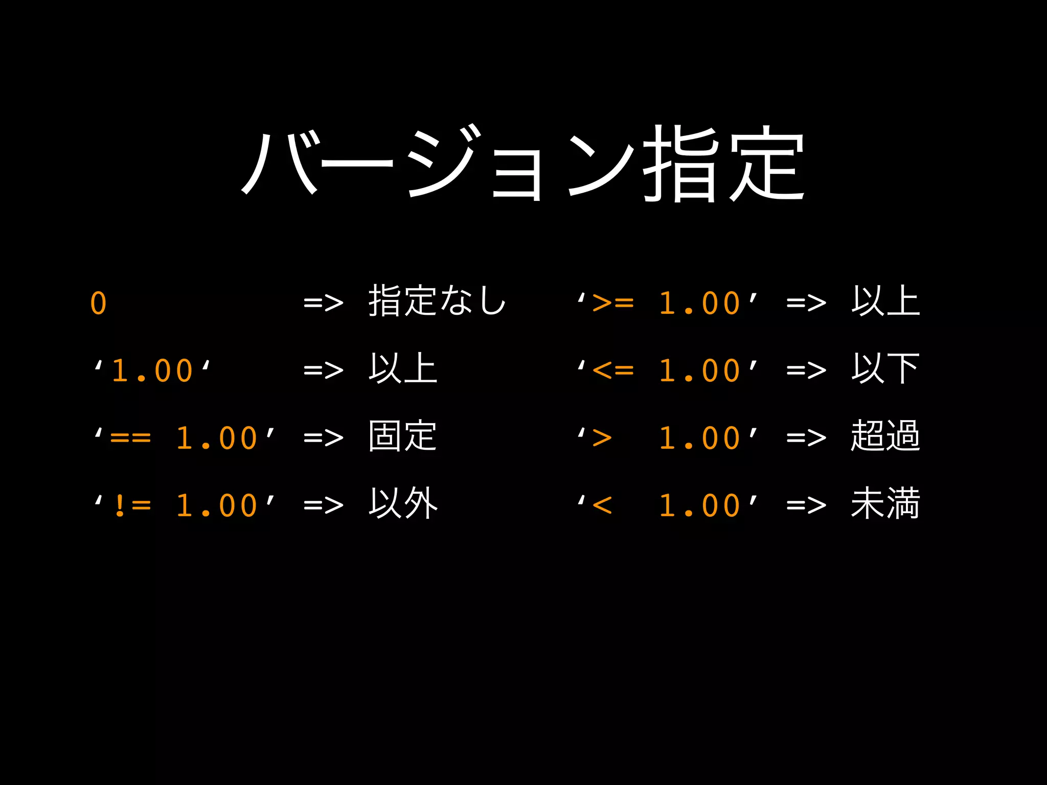 バージョン指定
0        => 指定なし   ‘>= 1.00’ => 以上
‘1.00‘   => 以上     ‘<= 1.00’ => 以下
‘== 1.00’ => 固定    ‘>   1.00’ => 超過
‘!= 1.00’ => 以外    ‘<   1.00’ => 未満
 
