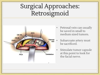 Surgical Approaches:
Retrosigmoid
• Petrosal vein can usually
be saved in small to
medium sized tumors.
• Subarcuate artery must
be sacrificed.
• Stimulate tumor capsule
at this point to look for
the facial nerve.
 