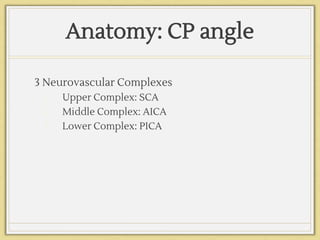 Anatomy: CP angle
3 Neurovascular Complexes
1. Upper Complex: SCA
2. Middle Complex: AICA
3. Lower Complex: PICA
 