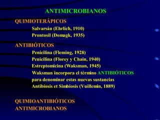 ANTIMICROBIANOS ANTIBIÓTICOS Penicilina (Fleming, 1928) Penicilina (Florey y Chain, 1940) Estreptomicina (Waksman, 1945) Waksman incorpora el término  ANTIBIÓTICOS  para   denominar estas nuevas sustancias Antibiosis et Simbiosis (Vuillemin, 1889) QUIMIOTERÁPICOS Salvarsán (Ehrlich, 1910)  Prontosil (Domagk, 1935) QUIMIOANTIBIÓTICOS  ANTIMICROBIANOS 