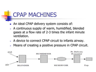 CPAP MACHINES
 An ideal CPAP delivery system consists of:
 A continuous supply of warm, humidified, blended
gases at a flow rate of 2-3 times the infant minute
ventilation.
 A device to connect CPAP circuit to infants airway.
 Means of creating a positive pressure in CPAP circuit.
 