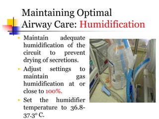 Maintaining Optimal
Airway Care: Humidification
• Maintain adequate
humidification of the
circuit to prevent
drying of secretions.
• Adjust settings to
maintain gas
humidification at or
close to 100%.
• Set the humidifier
temperature to 36.8-
37.3o C.
 