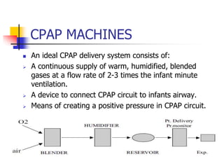 CPAP DELIVERY SYSTEM
 Ventilator : ideal system to
provide CPAP but very costly
 CPAP system : should have
1. End expira...