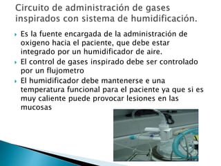  Es la fuente encargada de la administración de
oxigeno hacia el paciente, que debe estar
integrado por un humidificador de aire.
 El control de gases inspirado debe ser controlado
por un flujometro
 El humidificador debe mantenerse e una
temperatura funcional para el paciente ya que si es
muy caliente puede provocar lesiones en las
mucosas
 