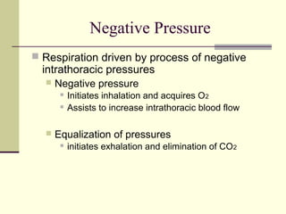 Negative Pressure
 Respiration driven by process of negative
intrathoracic pressures
 Negative pressure
 Initiates inhalation and acquires O2
 Assists to increase intrathoracic blood flow
 Equalization of pressures
 initiates exhalation and elimination of CO2
 