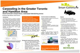 Carpooling in the Greater Toronto
and Hamilton Area:
Smart Commute’s Carpool Zone, a web-based ridematching service
By Catherine Habel, Metrolinx, Smart Commute

Introduction                                                                                                                 About Smart Commute                             Communications and Marketing                               Results
Encouraging carpooling is a strategy for mitigating                                                                          Smart Commute works with various                Activities undertaken to support and promote the           Since Carpool Zone launched in 2005 :
                                                                                                                             stakeholders to relieve traffic congestion,     Carpool Zone have included:                                ¨ more than 12,000 commuters have joined
traffic congestion and greenhouse gas emissions
                                                                                                                             improve air quality and health, and reduce      ¨ development of a brand                                   ¨ more than 1,200 carpools have formed
related to single occupant automobile commuting.
Carpooling is a viable alternative to driving alone                                                                          emissions that cause climate change.            ¨ promotional materials                                    ¨ on average, 100 tonnes of GHG emissions are
in areas where walking, cycling and transit are                                                                                                                              ¨ radio PSAs and traffic tags                              reduced per month
less desirable and impractical. Measures to                                                                                                                                  ¨ news releases
                                                                                                                        Smart Commute is made up of a network of local                                                                  In the latest user satisfaction survey (2007) :
encourage carpooling can be implemented quickly                                                                                                                              ¨ attendance at trade fairs
                                                                                                                        transportation management associations (TMAs)                                                                   ¨ 89% of respondents were satisfied overall
and at relatively little cost. Raising the rate of auto                                                                                                                      ¨ partnerships resulting in co-promotion of high
                                                                                                                        that implement employer-based transportation
occupancy increases highway capacity and                                                                                                                                     occupancy vehicle (HOV) lanes with the Ministry            ¨ 93% were satisfied with ease of use
                                                                                                                        demand management (TDM) initiatives and one
improves the efficiency of the existing                                                                                                                                      of Transportation                                          ¨ 91% were satisfied with privacy protection
                                                                                                                        central office, which in January 2008 joined
transportation network.                                                                                                                                                      ¨ Carpool Week                                             ¨ 87% would definitely or likely recommend
                                                                                                                        Metrolinx (the Greater Toronto and Hamilton Area
                                                                                                                        Transportation Authority). Metrolinx supports the    ¨ TMA incentives and promotions                            Carpool Zone to their friends and colleagues.
61 % of Lone Drivers Are Willing to Carpool at
           Least One Day Per Week                                                                                       network of TMAs and coordinates regional             Incentives                                                 Carpool Zone is increasingly successful at
         Carpooling                21                39          7         14         16        3                       services and functions such as the Carpool Zone.                                                                helping commuters form carpools:
                                                                                                                                                                             ¨  TMAs work with employers to help them
           Telework                     32            20   3    11              27             6
                                                                                                                                                                             implement preferential carpool parking at                  ¨  49% (2007) v. 46% (2006) found matches
       Public transit         16                33         11         18             18         5                                                                            worksites. Preferential parking is often an                ¨ 28% (2007) v. 16% (2006) formed a carpool
           Bicycling         11          16     6     19                   45                       2
                                                                                                                                                                             incentive for commuters to choose carpooling.              ¨ 24% (2007) v. 14% (2006) started carpooling
            Walking       10            10 2   14                     62                            2
                                                                                                                                                                                                                                        with Carpool Zone matches.
                        0%               20%         40%       60%          80%               100%
                                                                                                                                                                                                                                        Conclusions
            Definitely willing                              Probably willing
            Neither willing nor unwilling                   Probably not willing
                                                                                                                                                                                                                                        ¨  The Carpool Zone has been successful in
            Definitely not willing                          Don't know/ No answer
                                                                                                                                                                                                                                        facilitating carpool formation and increasing
                                                                                                                        Bringing the Carpool Zone to the GTHA                                                                           awareness about carpooling in the GTHA.
  Saving money and improving the environment
                                                                                                                        1.        RFP for an online ridematching service                                                                ¨ Future improvements could include new
    are top reasons for interest in carpooling                                                                                                                                                                                          features as well as more incentives and
                                          3%
                                                                                                                                  was issued in 2005 by Smart Commute
                                   4%
                                                                                                                                                                                                                                        promotions to continue building a critical mass of
                     8%                                                                                                 2.        Carpool Zone built on a Pathway
                                                                                      Save money
                                                                                                                                                                                                                Credit: Halton Region   registrants.
                                                                                                                                  Intelligence Inc. ridematching platform
                                                                                      Improve environment
                                                                39%
              9%


                                                                                      Don't drive
                                                                                                                        3.        Launched region-wide in November 2005
                                                                                      Car not available
                                                                                                                        4.        Public sign up for free and TMAs recruit
                                                                                      Other
                                                                                                                                  participating employers
                                                                                      Want to use HOV (carpool) lanes
                                                                                                                        5.        Ongoing activities include upgrades,           84% of carpoolers are satisfied with their
                                                                                                                                  translation, new development & marketing       commutes versus 77% of commuters who
                             37%
                                                                                                                                                                                 drive alone
 