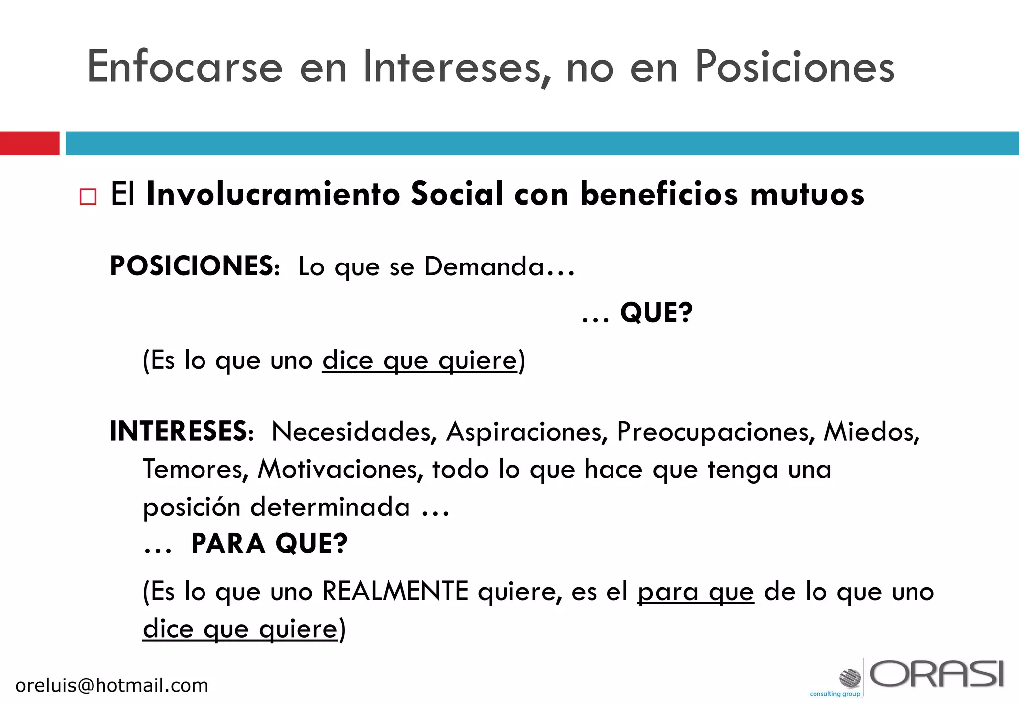 Enfocarse en Intereses, no en Posiciones
POSICIONES: Lo que se Demanda…
… QUE?
(Es lo que uno dice que quiere)
INTERESES: Necesidades, Aspiraciones, Preocupaciones, Miedos,
Temores, Motivaciones, todo lo que hace que tenga una
posición determinada …
… PARA QUE?
(Es lo que uno REALMENTE quiere, es el para que de lo que uno
dice que quiere)
oreluis@hotmail.com
 El Involucramiento Social con beneficios mutuos
 