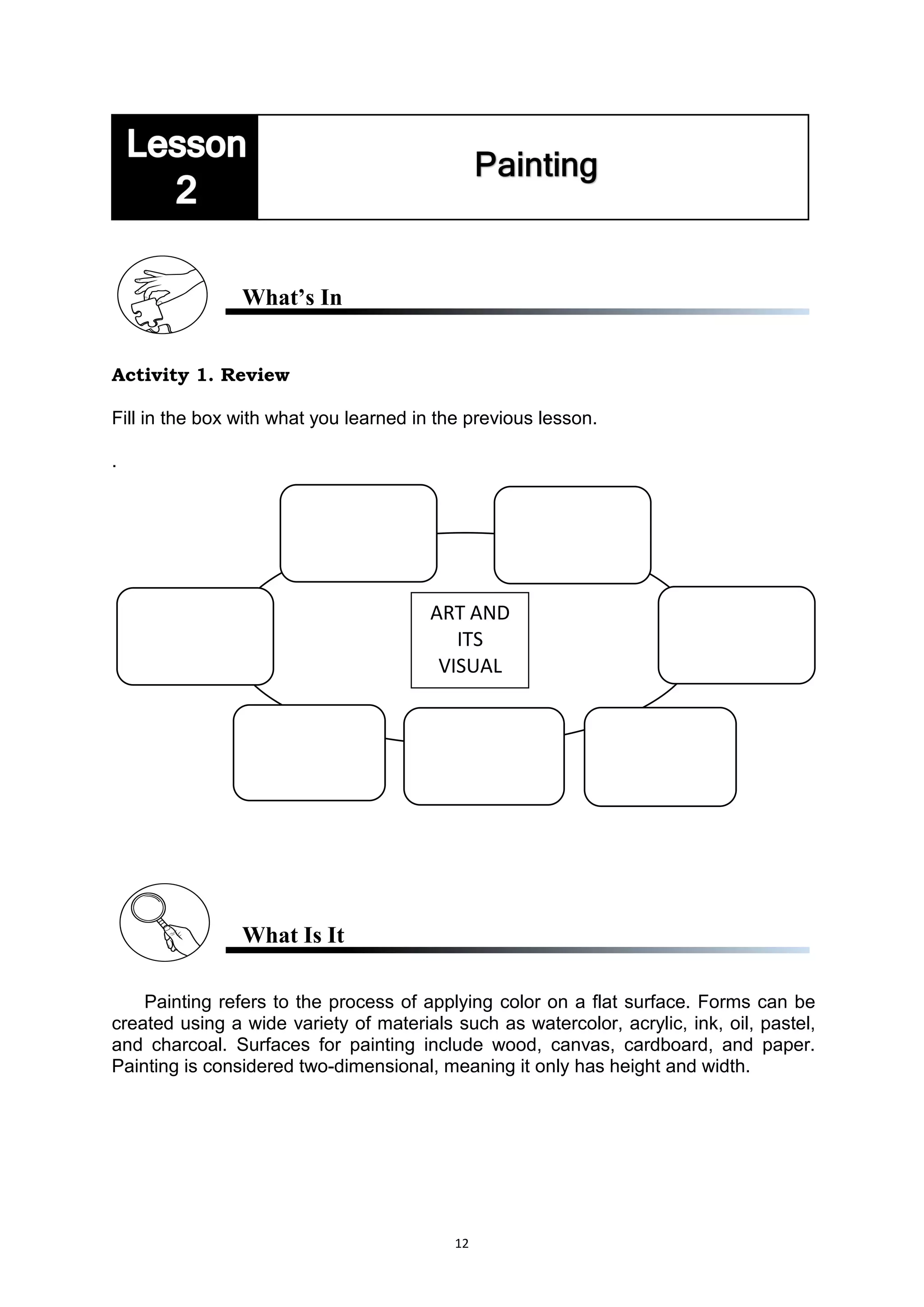 12
What’s In
Activity 1. Review
Fill in the box with what you learned in the previous lesson.
.
What Is It
Painting refers to the process of applying color on a flat surface. Forms can be
created using a wide variety of materials such as watercolor, acrylic, ink, oil, pastel,
and charcoal. Surfaces for painting include wood, canvas, cardboard, and paper.
Painting is considered two-dimensional, meaning it only has height and width.
ART AND
ITS
VISUAL
ELEMENT
 