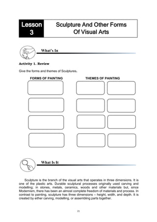 21
What’s In
Activity 1. Review
Give the forms and themes of Sculptures.
FORMS OF PAINTING THEMES OF PAINTING
What Is It
Sculpture is the branch of the visual arts that operates in three dimensions. It is
one of the plastic arts. Durable sculptural processes originally used carving and
modelling; in stones, metals, ceramics, woods and other materials but, since
Modernism, there has been an almost complete freedom of materials and process. In
contrast to painting, sculpture has three dimensions – height, width, and depth. It is
created by either carving, modelling, or assembling parts together.
 