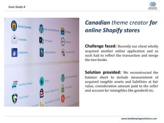 www.bookkeepingesolutions.com
Canadian theme creator for
online Shopify stores
Challenge faced: Recently our client wholly
acquired another online application and as
such had to reflect the transaction and merge
the two books
Solution provided: We reconstructed the
balance sheet to include measurement of
acquired tangible assets and liabilities at fair
value, consideration amount paid to the seller
and account for intangibles like goodwill etc.
Case Study 4
 