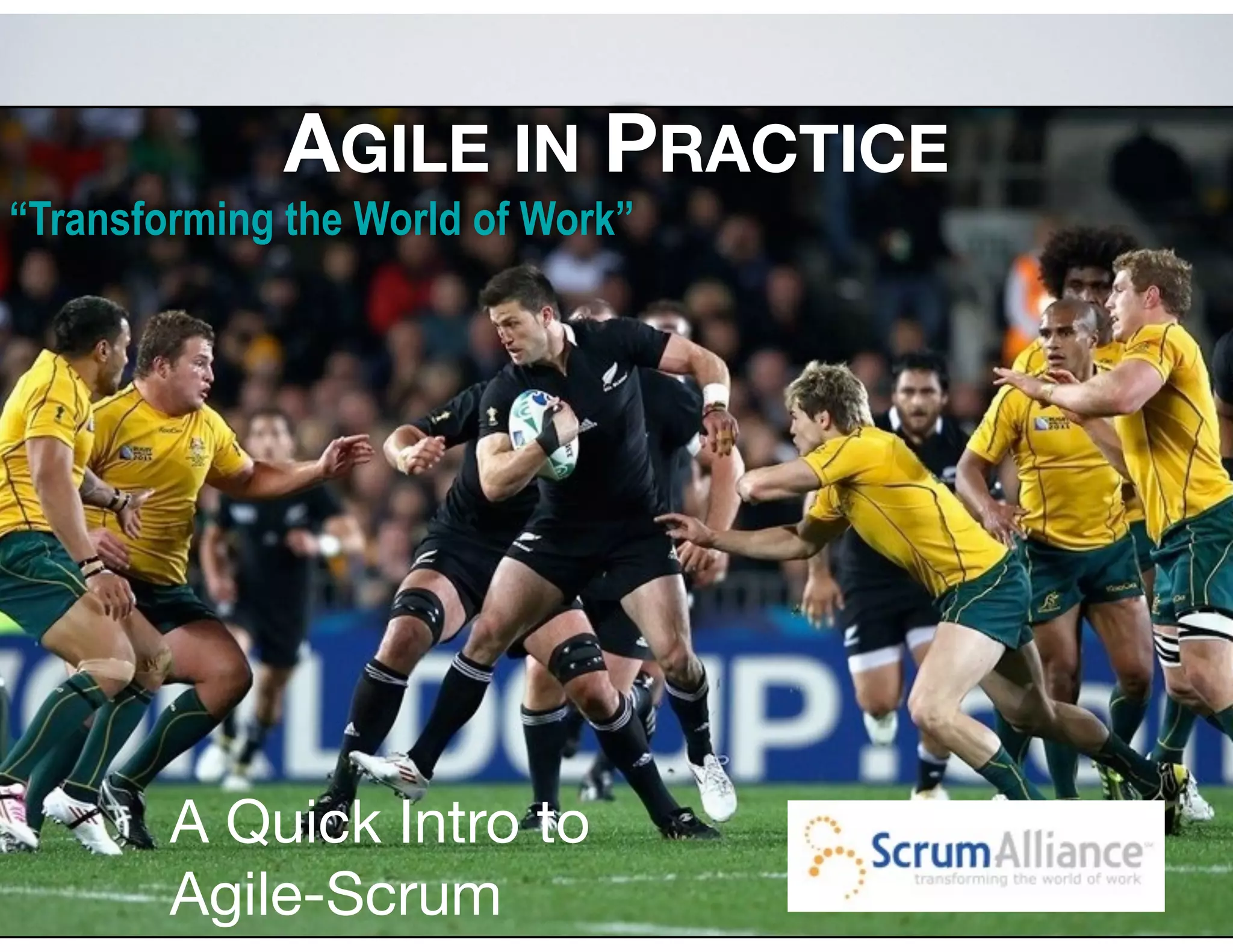 CSM v9.3 © Jeff Sutherland © Joe Little 2016
AGILE IN PRACTICE

“Transforming the World of Work”
A Quick Intro to
Agile-Scrum
 