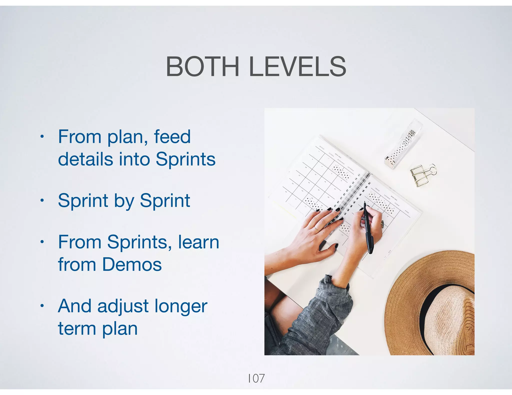 BOTH LEVELS
• From plan, feed
details into Sprints

• Sprint by Sprint 

• From Sprints, learn
from Demos

• And adjust longer
term plan
107
 