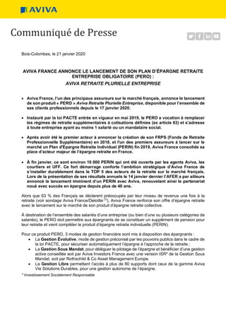 Communiqué	de	Presse	
Bois-Colombes, le 21 janvier 2020
AVIVA FRANCE ANNONCE LE LANCEMENT DE SON PLAN D’ÉPARGNE RETRAITE
E...