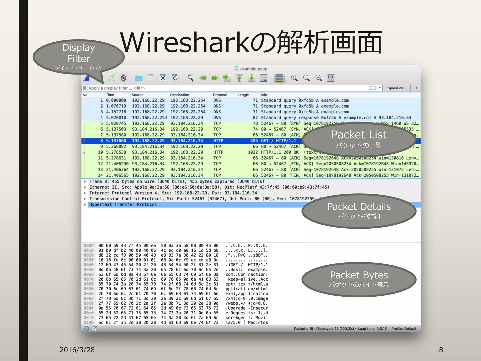 Wiresharkの解析画面
2016/3/28 18
Display
Filter
ディスプレイフィルタ
Packet List
パケットの一覧
Packet Details
パケットの詳細
Packet Bytes
パケットのバイト表示
 