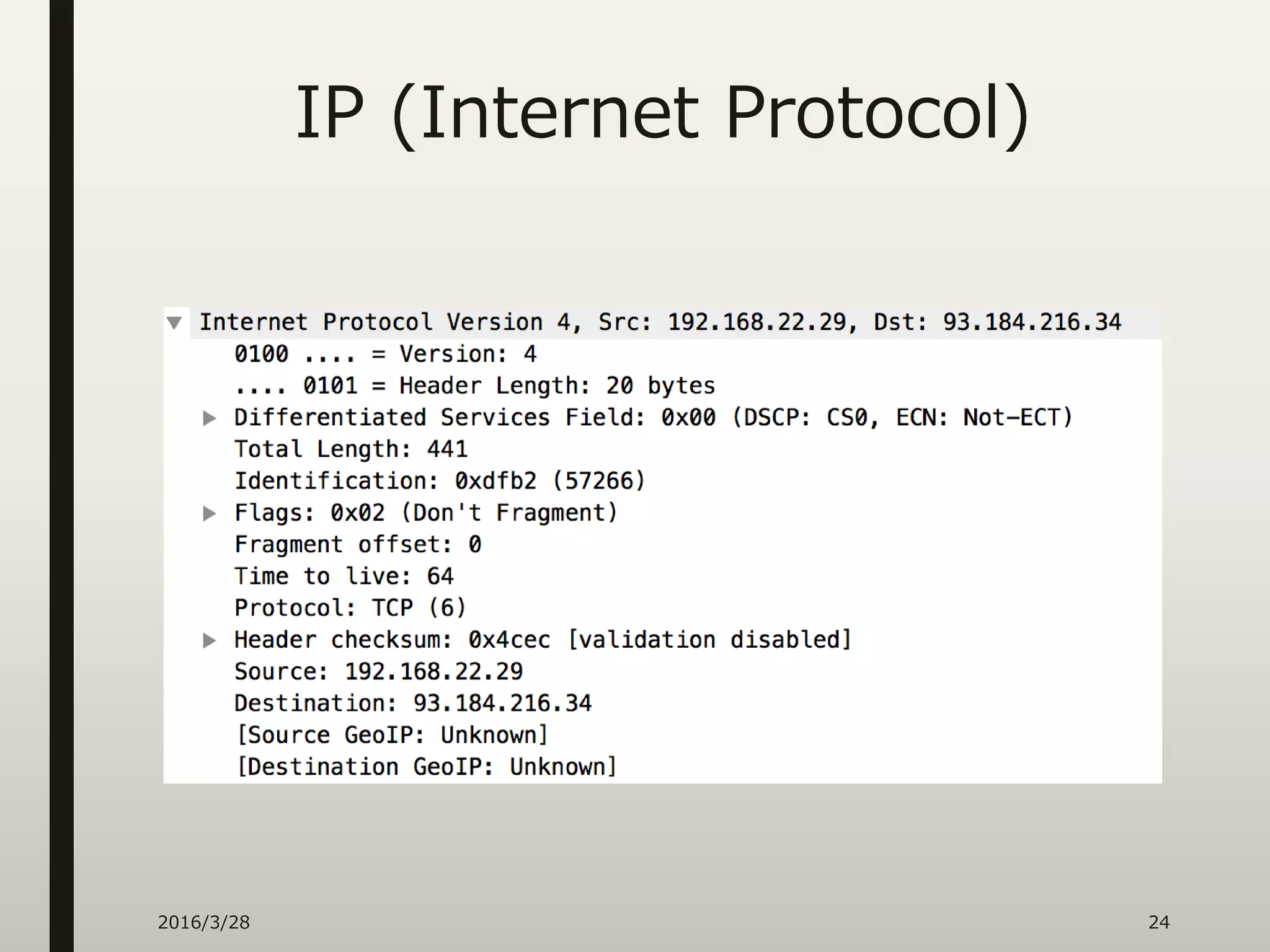 IP (Internet Protocol)
2016/3/28 24
 