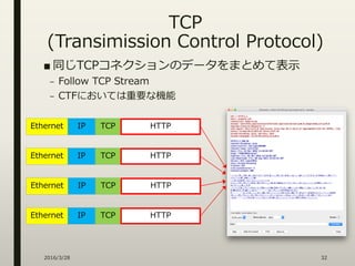 TCP
(Transimission Control Protocol)
■ 同じTCPコネクションのデータをまとめて表示
– Follow TCP Stream
– CTFにおいては重要な機能
2016/3/28 32
Ethernet IP TCP HTTP
Ethernet IP TCP HTTP
Ethernet IP TCP HTTP
Ethernet IP TCP HTTP
 