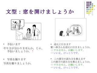 文型：窓を開けましょうか 手伝います やり方が分かりませんか。じゃ、手伝いましょうか。 ↑ 写真を撮ります 写真を撮りましょうか。 　迎えに行きます 駅へ林さんを迎えに行きましょうか。 … すみません、お願いします。 … いいえ、けっこうです。 　この漢字の読み方を教えます この漢字の読み方を教えましょうか。 … すみません、お願いします。 … いいえ、けっこうです。 