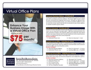 Virtual Office Plans
                                                                       Vancouver Business Address - $75/Month
                                                                       A Vancouver business address plan is an inexpensive program providing
                                                                       you with a prestigious business address. This virtual oﬃce service is ideal
                                                                       for your incoming and outgoing mail service. Through our eﬃcient mail
                                                                       processing and forwarding service, you will be promptly notiﬁed as soon
                                                                       as mail has arrived, which will then be re-directed to your home address

     Enhance Your
                                                                       or another location of your choice.


     Business Image With                                               Direct to Voicemail - $75/Month
     a Virtual Office Plan
                                                                       A direct to voice mail plan ensures you the peace of mind that you will
                                                                       never miss an important message again! Oﬀering a dedicated phone line
                                                                       with voicemail reception, this program allows you to keep the same phone
      starting at only


     $75
                                                                       number even if you relocate and is an ideal solution for home based business

                               per
                                                                       owners or professionals who travel frequently.
                                                                       Services Included:

                               month!
                                                                           Dedicated Phone Line                     Direct to Voicemail - 1 User

                                                                       Essential Virtual Oﬃce - $225/Month
                                                                       Our Essential Virtual Oﬃce plan is a comprehensive support program that
                                                                       is ideal for professionals requiring additional voicemail boxes and occasional
                                                                       use of an oﬃce use at our business centre.
                                                                       Services Included:
                                                                             Vancouver Business Address               Direct to Voicemail - 1-3 Users
                                                                             Dedicated Phone Line                     Courtesy Oﬃce Use - 2 Hrs/Mth

                                                                       Enhanced Virtual Oﬃce - $300/Month
                                                                       Our Enhanced Virtual Oﬃce Plan oﬀers maximum business support
                                                                       along with a full range of convenient telephone and notiﬁcation options.
                                                                       Services Included:
               Central Park Business Centre                                Vancouver Business Address             Managed Call Transfer
Central Park   300 - 3655 Kingsway, Vancouver, B.C. V5R 5W2
Business                                                                   Dedicated Phone Line                   Direct to Voicemail - 1-4 Users
               T: 604.435.2500 F: 604.435.8181                             Call Forwarding                        Courtesy Oﬃce Use - 2 Hrs/Mth
Centre         www.executivesuite.ca                                       Email Messaging                        Messaging Notiﬁcation by Email
               A Proud Member of the Elite Group of Business Centres       Toll Free Telephone Number             or Auto Attendant
 