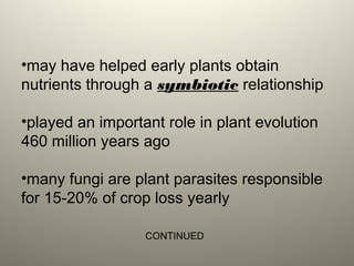 •may have helped early plants obtain
nutrients through a symbiotic relationship
•played an important role in plant evolution
460 million years ago
•many fungi are plant parasites responsible
for 15-20% of crop loss yearly
CONTINUED
 