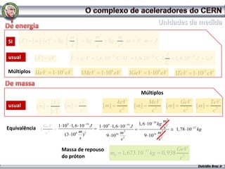 2
                    2              m           m2                m
SI   [ E ] [m] [c]        kg                kg 2        kg          m            N m         J
                                   s           s                 s2
usual                                                       19                              19         J                 19
           [ E] eV                 E       q V    1, 6.10        C 1V           1, 6.10          C 1          1, 6.10         J    1eV
                                                                                                       C
Múltiplos 1keV          1 103 eV           1MeV     1 106 eV            1GeV            1 109 eV              1TeV       1 1012 eV


                                                                                   Múltiplos
                 [E]                   eV                        keV                    MeV                     GeV      TeV
usual       [ m]       [ m]                          [ m]                       [ m]                   [ m]         [ m]
                 [c ]2
                                       c2                         c2                     c2                      c2       c2
                                                                                             10 m2
                               9            19                                    1, 6 10 kg 2
Equivalência 1 GeV        1 10 1, 6 10 J           1 109 1, 6 10       19
                                                                            J                    s                       27
                                                                                                              1, 78 10        kg
                c2                  m                       16 m
                                                                 2
                                                                                            m  2
                             (3 108 ) 2               9 10                            9 1016 2
                                    s                          s2                            s

                           Massa de repouso                                            27                     GeV
                                                         m0       1, 673.10                 kg     0,938
                           do próton                                                                           c2
                                                                                                                              Dulcidio Braz Jr
 