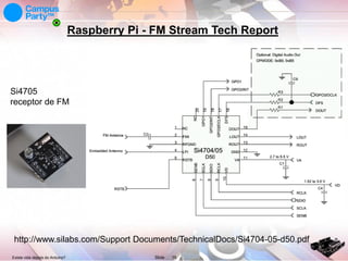 Raspberry Pi - FM Stream Tech Report

Si4705
receptor de FM

http://www.silabs.com/Support Documents/TechnicalDocs/Si4704-05-d50.pdf
Existe vida depois do Arduino?

Slide

16

 
