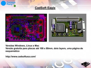 CadSoft Eagle

Versões Windows, Linux e Mac
Versão gratuita para placas até 100 x 80mm, dois layers, uma página de
esquemático
http://www.cadsoftusa.com/

Existe vida depois do Arduino?

Slide

24

 