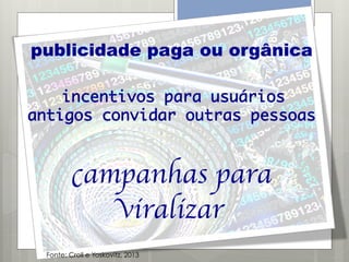 publicidade paga ou orgânica
incentivos para usuários
antigos convidar outras pessoas 

campanhas para
viralizar 	

Fonte: Croll e Yoskovitz, 2013

 