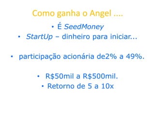 Como ganha o Angel ....
• É SeedMoney
• StartUp – dinheiro para iniciar...
• participação acionária de2% a 49%.
• R$50mil a R$500mil.
• Retorno de 5 a 10x
 