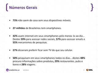 Números Gerais

• 73% não saem de casa sem seus dispositivos móveis.

• 27 milhões de Brasileiros tem smartphones.

• 42% usam internet em seus smartphones pelo menos 1x ao dia…
  Destes 59% para acessar redes sociais, 57% para acessar emails e
  55% mecanismos de pesquisas.

• 27% disseram preferir ficar sem TV do que seu celular.

• 50% pesquisam em seus smartphones todos os dias… destes 48%
  procura informações sobre produtos, 29% restaurantes, pubs e
  bares e 28% viagens.
            4/2/2013                                            3
 