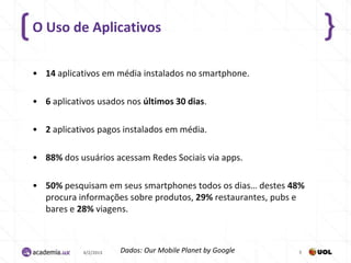 O Uso de Aplicativos

• 14 aplicativos em média instalados no smartphone.

• 6 aplicativos usados nos últimos 30 dias.

• 2 aplicativos pagos instalados em média.

• 88% dos usuários acessam Redes Sociais via apps.

• 50% pesquisam em seus smartphones todos os dias… destes 48%
  procura informações sobre produtos, 29% restaurantes, pubs e
  bares e 28% viagens.



            4/2/2013   Dados: Our Mobile Planet by Google   5
 