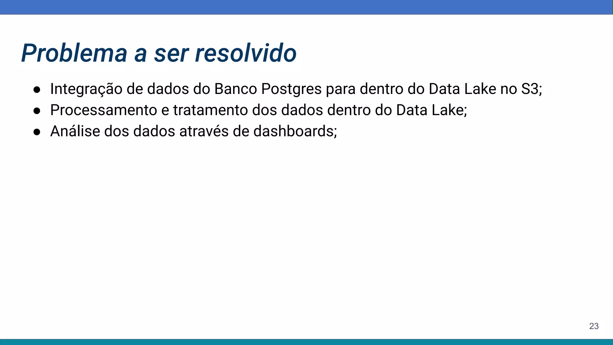 23
Problema a ser resolvido
● Integração de dados do Banco Postgres para dentro do Data Lake no S3;
● Processamento e tratamento dos dados dentro do Data Lake;
● Análise dos dados através de dashboards;
 