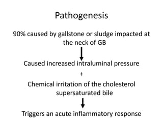 Pathogenesis
90% caused by gallstone or sludge impacted at
the neck of GB
Caused increased intraluminal pressure
+
Chemical irritation of the cholesterol
supersaturated bile
Triggers an acute inflammatory response
 