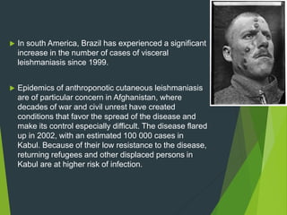  In south America, Brazil has experienced a significant
increase in the number of cases of visceral
leishmaniasis since 1999.
 Epidemics of anthroponotic cutaneous leishmaniasis
are of particular concern in Afghanistan, where
decades of war and civil unrest have created
conditions that favor the spread of the disease and
make its control especially difficult. The disease flared
up in 2002, with an estimated 100 000 cases in
Kabul. Because of their low resistance to the disease,
returning refugees and other displaced persons in
Kabul are at higher risk of infection.
 
