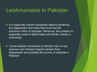Leishmaniasis in Pakistan
 It is especially present alongside regions bordering
the Afghanistan and cities that have had the
maximum influx of refugees. Moreover, the problem is
especially acute in Baluchistan and Sindh; mainly in
rural areas
 Cross boarder movement of infected men is very
common and infected migrant carriers from
Afghanistan are probably the source of outbreak in
Pakistan.
 