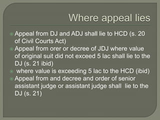  Appeal from DJ and ADJ shall lie to HCD (s. 20
of Civil Courts Act)
 Appeal from orer or decree of JDJ where value
of original suit did not exceed 5 lac shall lie to the
DJ (s. 21 ibid)
 where value is exceeding 5 lac to the HCD (ibid)
 Appeal from and decree and order of senior
assistant judge or assistant judge shall lie to the
DJ (s. 21)
 