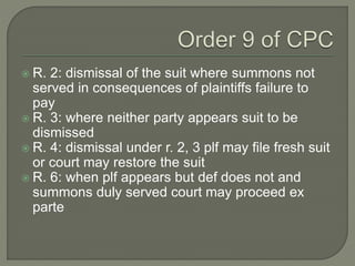  R. 2: dismissal of the suit where summons not
served in consequences of plaintiffs failure to
pay
 R. 3: where neither party appears suit to be
dismissed
 R. 4: dismissal under r. 2, 3 plf may file fresh suit
or court may restore the suit
 R. 6: when plf appears but def does not and
summons duly served court may proceed ex
parte
 