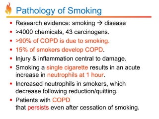 Pathology of Smoking 
 Research evidence: smoking  disease 
 >4000 chemicals, 43 carcinogens. 
 >90% of COPD is due to smoking. 
 15% of smokers develop COPD. 
 Injury & inflammation central to damage. 
 Smoking a single cigarette results in an acute 
increase in neutrophils at 1 hour. 
 Increased neutrophils in smokers, which 
decrease following reduction/quitting. 
 Patients with COPD have sputum neutrophilia 
that persists even after cessation of smoking. 
 