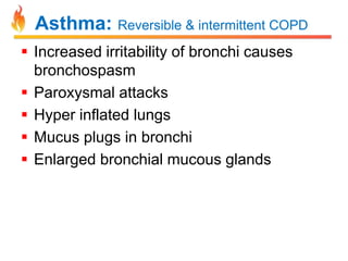 Asthma: Reversible & intermittent COPD 
 Increased irritability of bronchi causes 
bronchospasm 
 Paroxysmal attacks 
 Hyper inflated lungs 
 Mucus plugs in bronchi 
 Enlarged bronchial mucous glands 
 