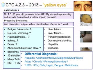 CPC 4.2.3 – 2013 – ―yellow eyes‖
• Fatigue / Anorexia..?
• Nausea, Vomiting..?
• Haematemesis… ?
• Itching..?
• Fever..?
• Abdominal distension slow..?
• Bleeding / Bruising..?
• 10 stubbies/day /more..?
• Many Tattoos..?
• BMI – if low / High..?
2
Mr. T.D. 50 year old, presents to his GP. ‗My stomach appears big
and my wife has noticed a yellow tinge in my eyes‘.
CASE STUDY 1
Abd distension, fatigue, yellow discoloration of eyes for 1 week
Presenting Symptoms:
• Liver failure…
• Liver failure…
• Portal Hypertension
• Obstructive jaundice.
• Hepatitis.
• Cirrhosis.
• Vit-K deficiency.
• Alcoholic hepatitis.
• Viral Hepatitis (B/C)
• Anorexia / Obesity –
steatosis.
• Differential Diagnosis:
• Hepatitis: Alcoholic/Infective/Malignant/Drug/Toxins
• Acute / Chronic? Primary/Secondary?
• ―HBV / HCV, CMV, Lepto, Dengue, Melioidosis.
 