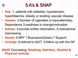 5 A’s & SNAP  Ask:  1. patients with diabetes, hypertension, hyperlidaemia, obesity or existing vascular disease Assess:  2.Number of cigarettes or equivalent/day, Dependance 3.readiness to change/motivation Advise:  4.provide written information, 5.motivational interviewing  Assist:  6.NRT ? Bupropion(Zyban) 7.Support Arrange:  8.referral to QUIT  9.follow up with the GP SNAP  Counseling:  Smoking,  Nutrition, Alcohol & Physical Activity. 